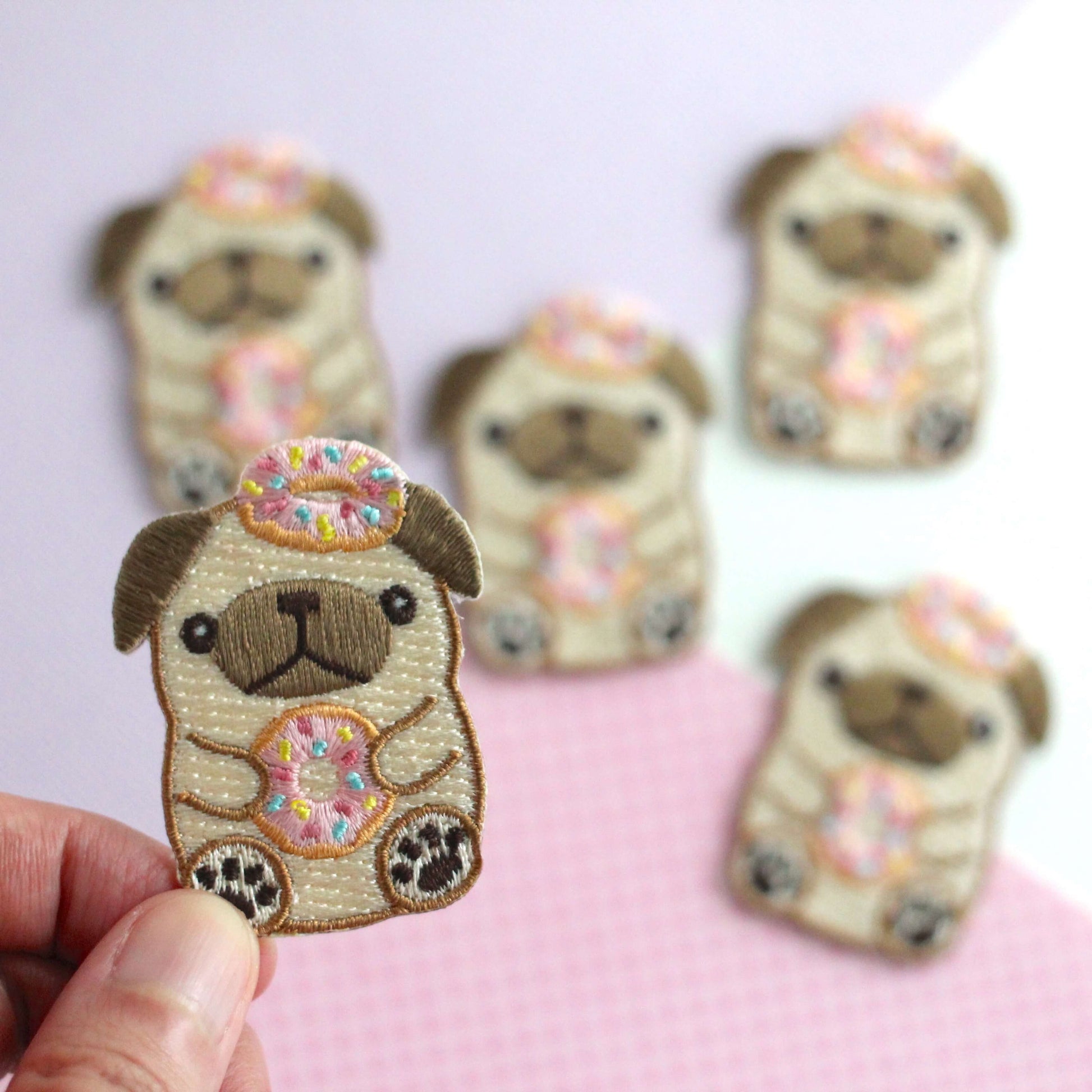 Donut Pug Embroidered Patch. Dog Iron-On Patch