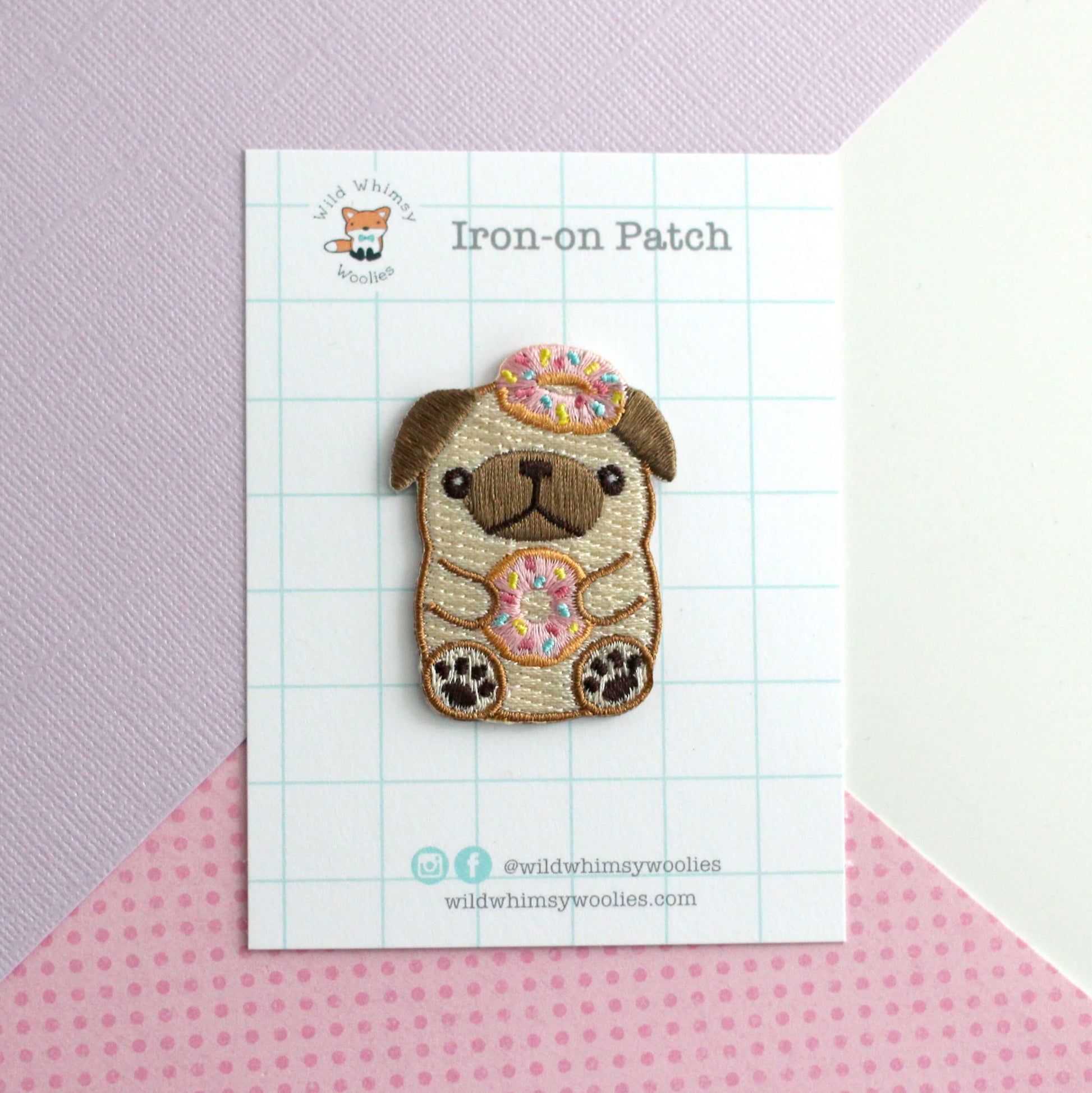 Donut Pug Embroidered Patch. Dog Iron-On Patch