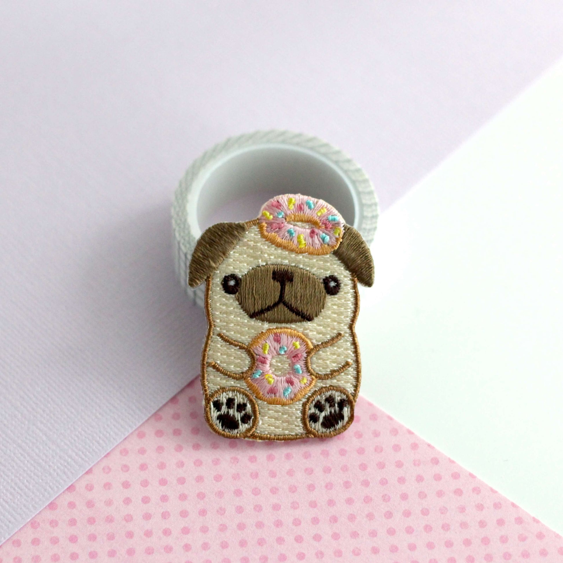 Donut Pug Embroidered Patch. Dog Iron-On Patch