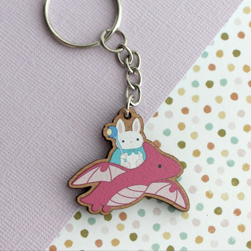 Porte-clés en bois Dragon Bunny Mage - Breloque en bois fantaisie