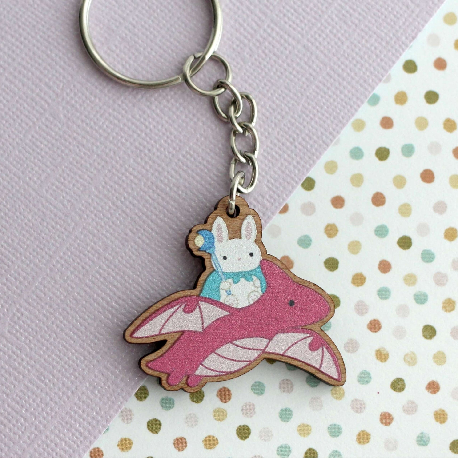 Porte-clés en bois Dragon Bunny Mage - Breloque en bois fantaisie