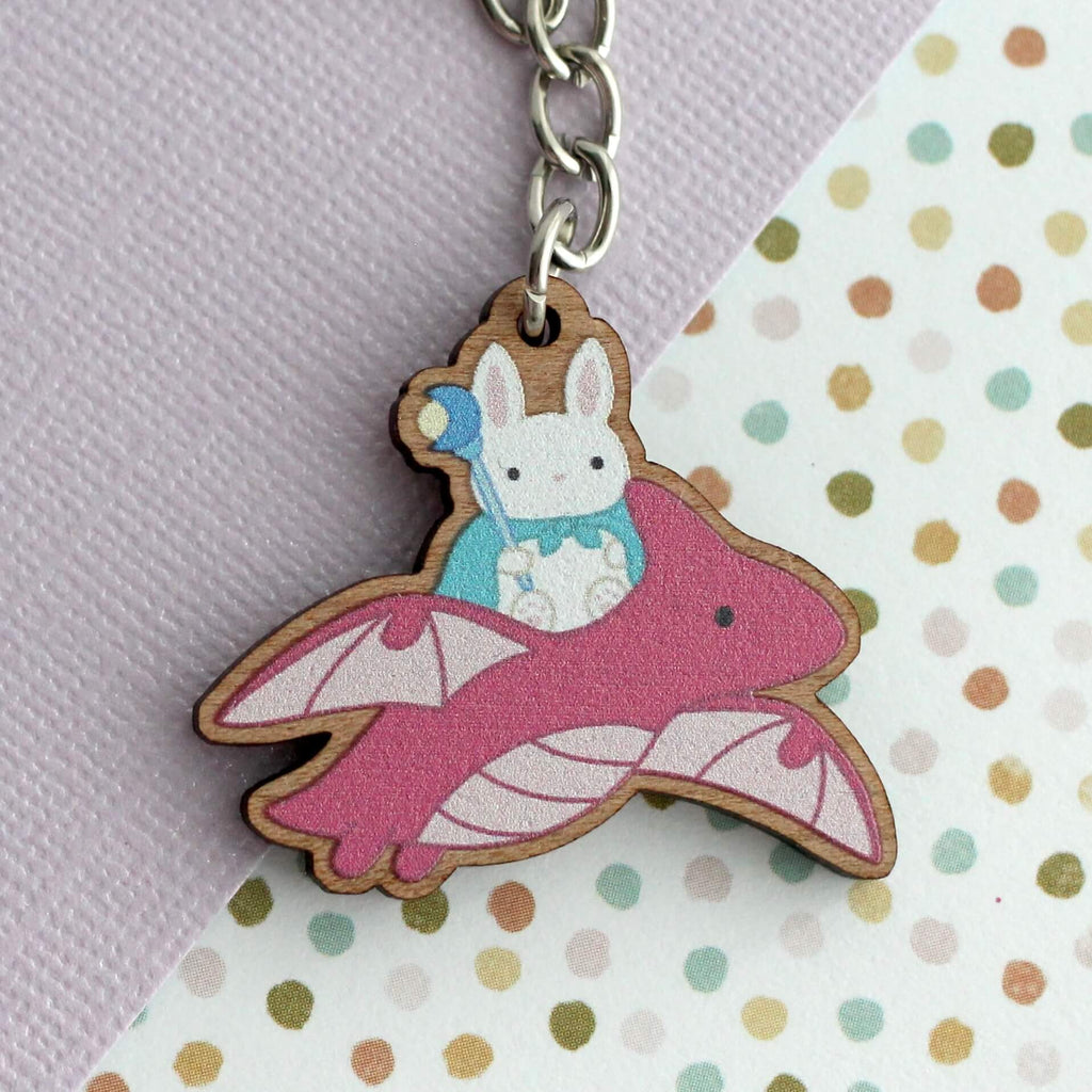 Porte-clés en bois Dragon Bunny Mage - Breloque en bois fantaisie