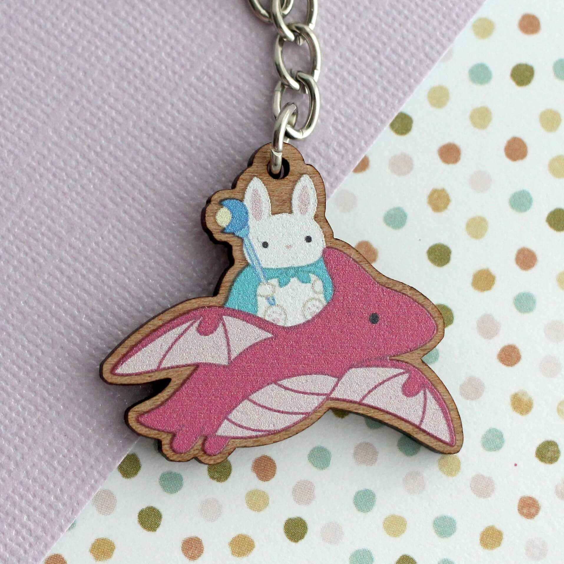 Porte-clés en bois Dragon Bunny Mage - Breloque en bois fantaisie