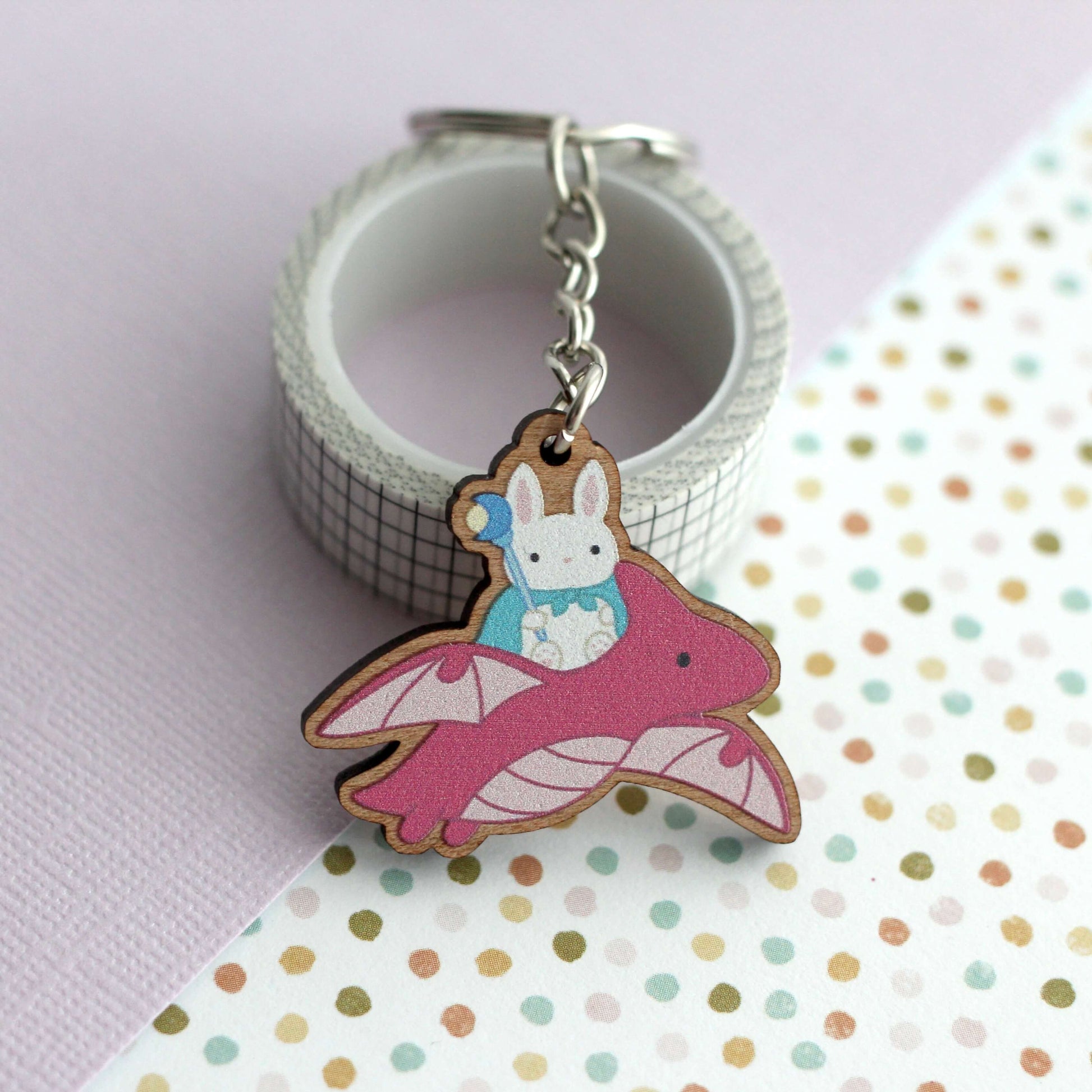 Porte-clés en bois Dragon Bunny Mage - Breloque en bois fantaisie
