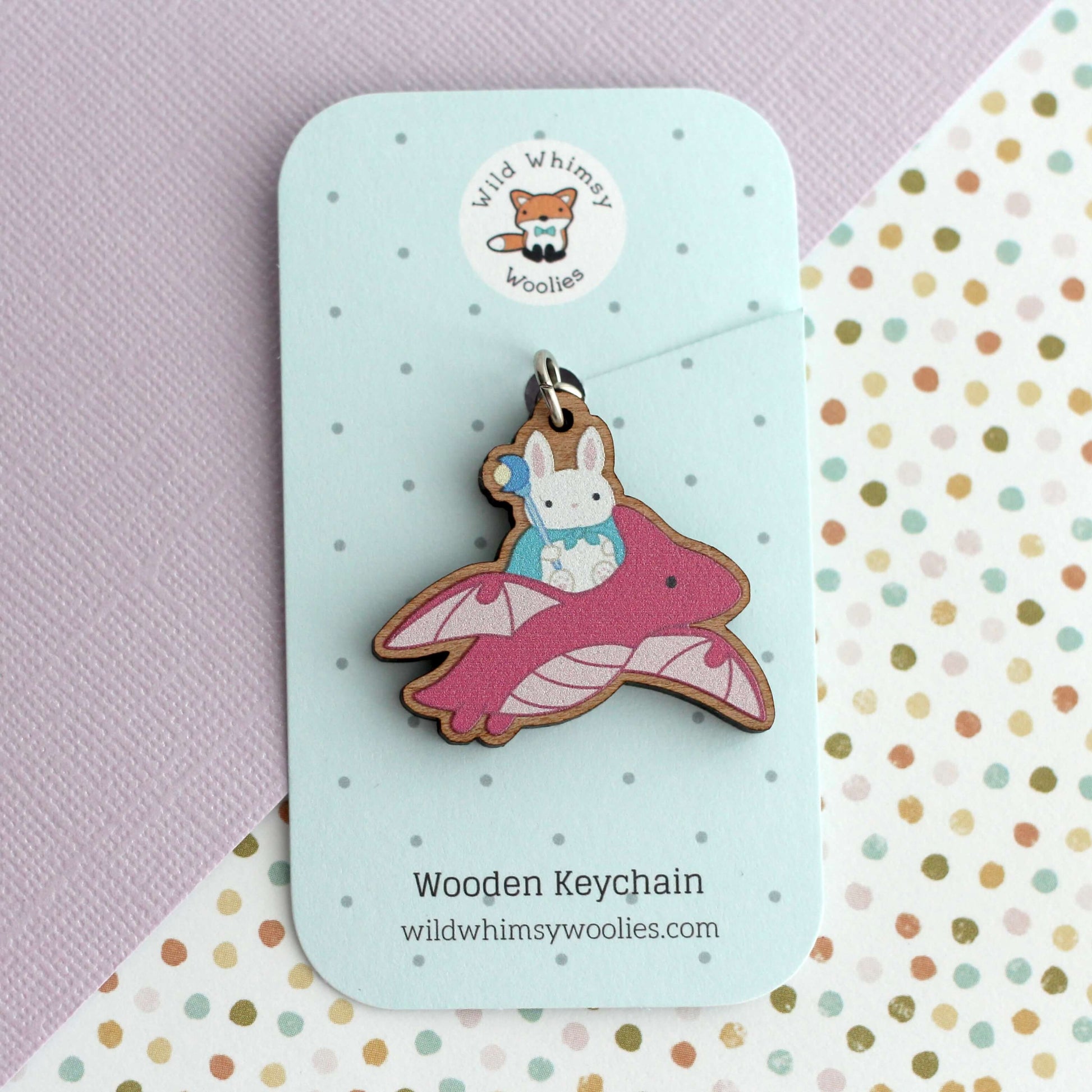 Porte-clés en bois Dragon Bunny Mage - Breloque en bois fantaisie