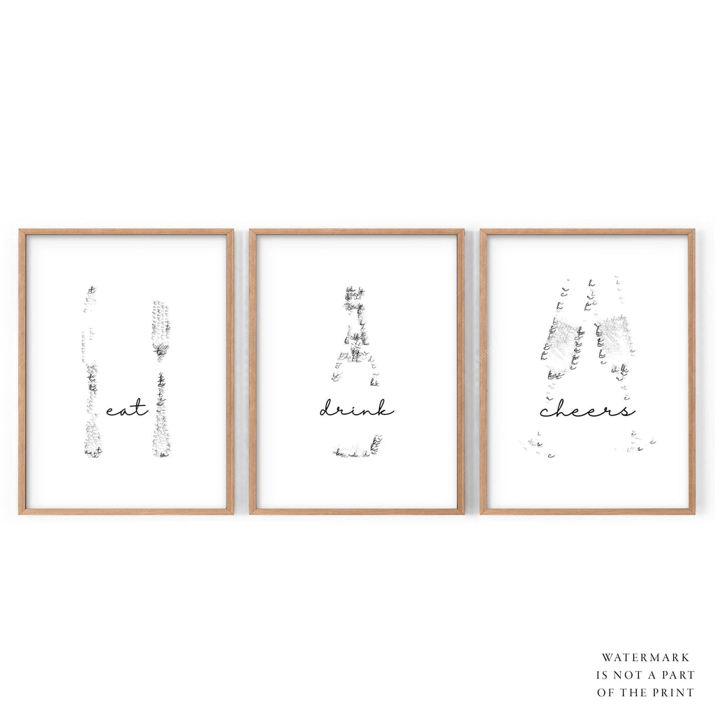 Eat Drink Cheers Set of 3 Prints – Minimalist Kitchen Wall Art Poster