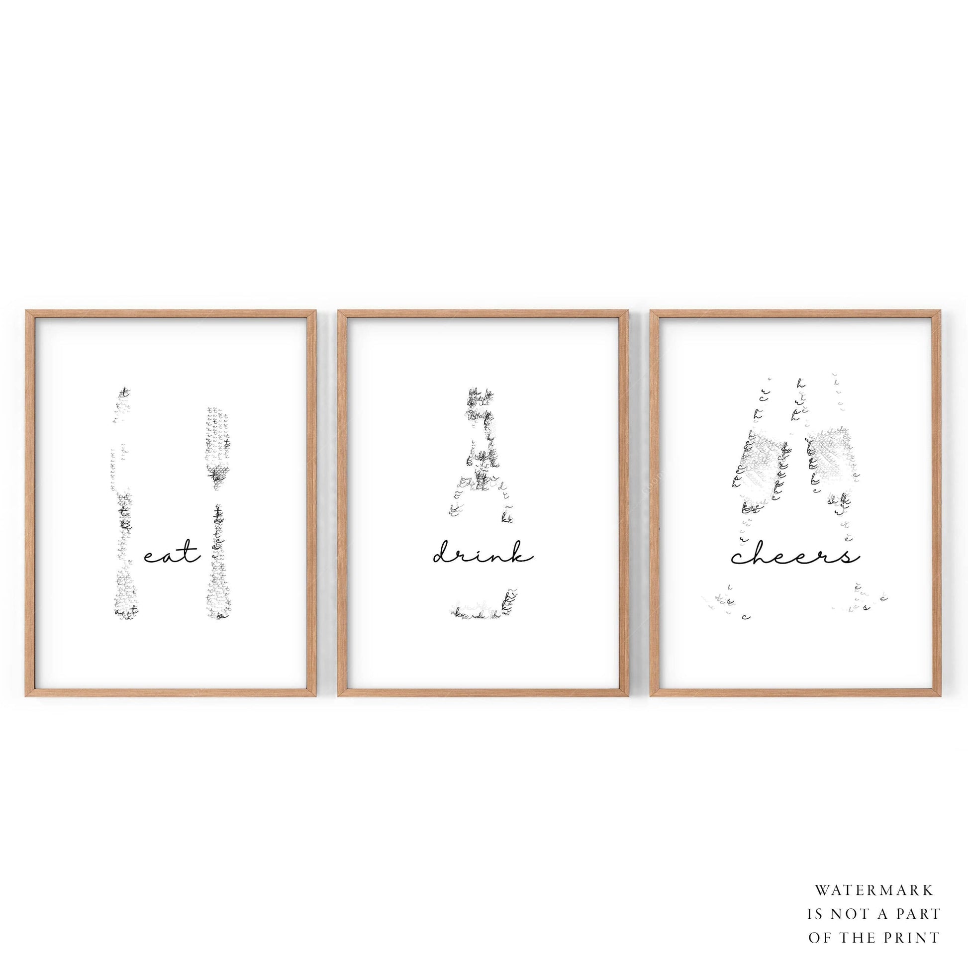Eat Drink Cheers Set of 3 Prints – Minimalist Kitchen Wall Art Poster