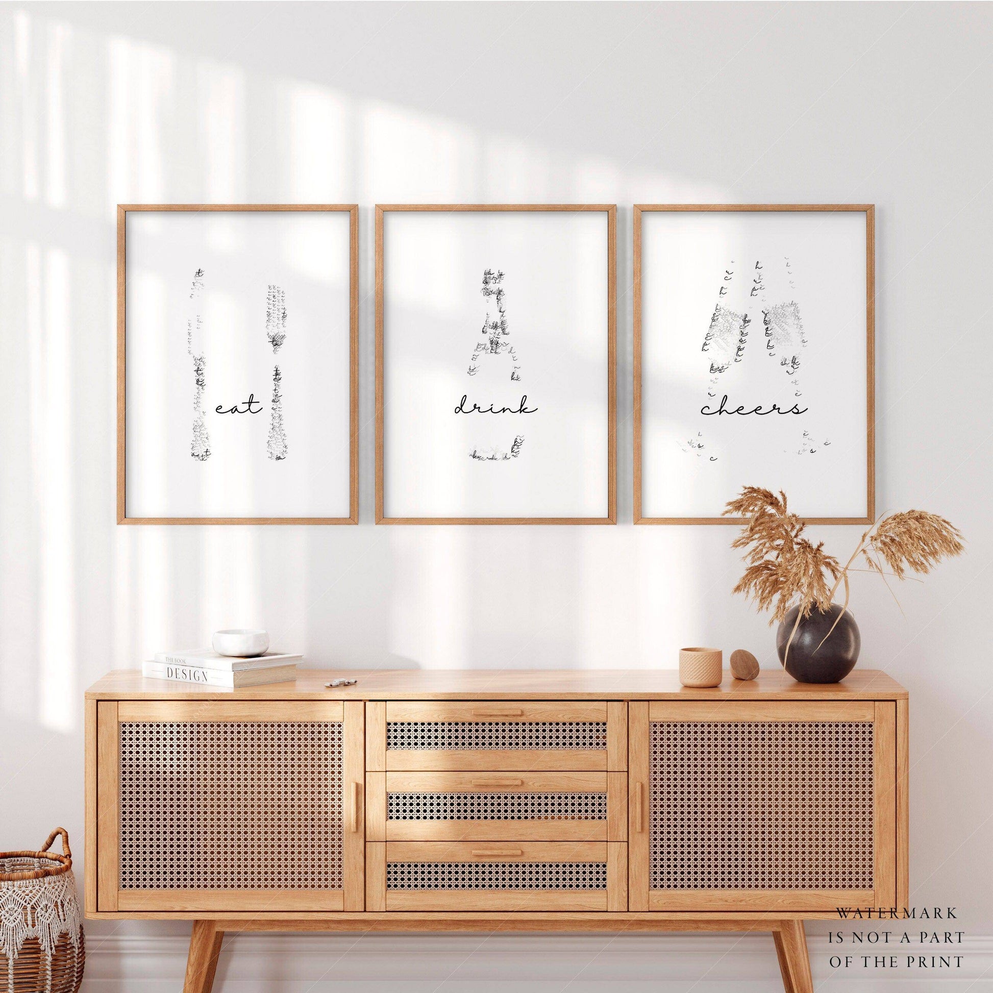 Eat Drink Cheers Set of 3 Prints – Minimalist Kitchen Wall Art Poster