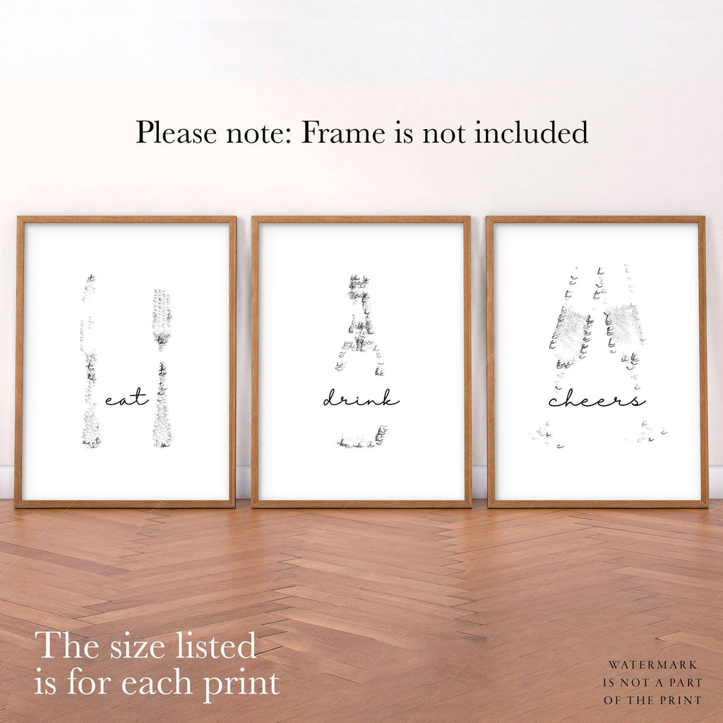 Eat Drink Cheers Set of 3 Prints – Minimalist Kitchen Wall Art Poster