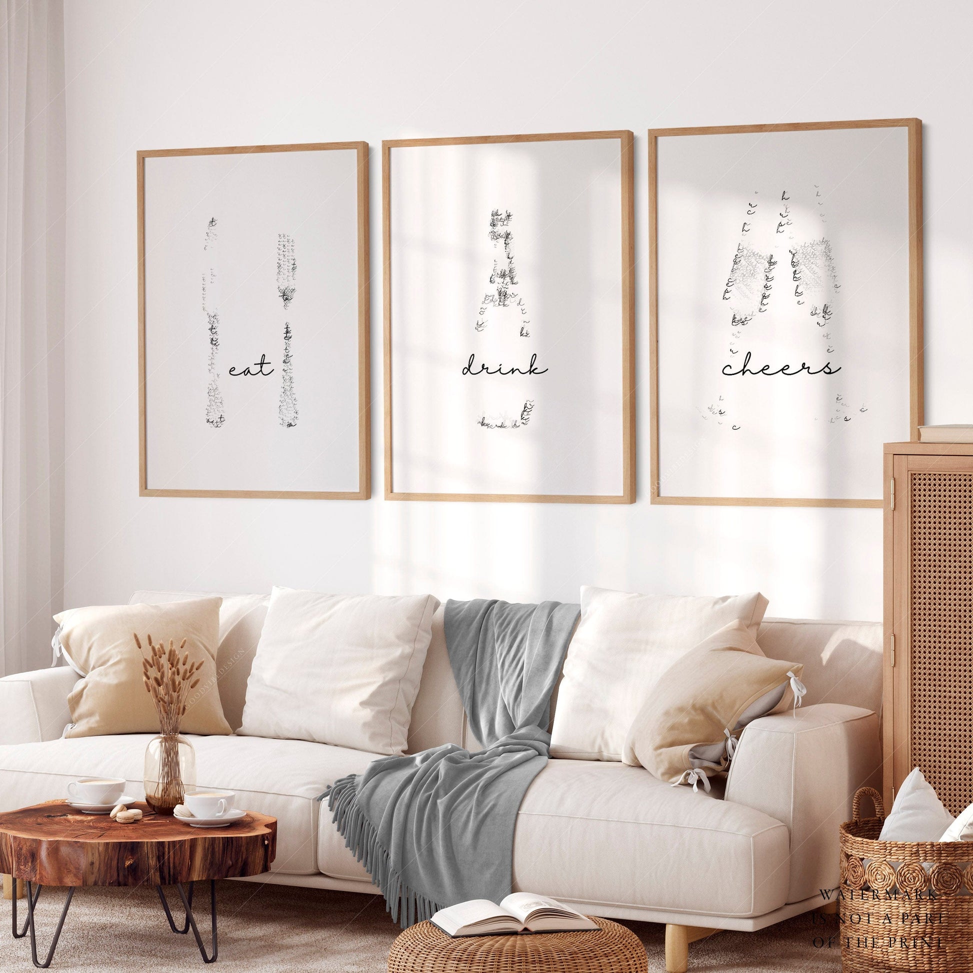 Eat Drink Cheers Set of 3 Prints – Minimalist Kitchen Wall Art Poster