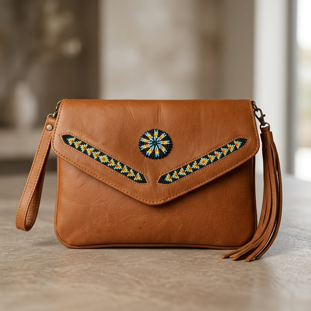 Leather beaded Crossbody bag(Brown)