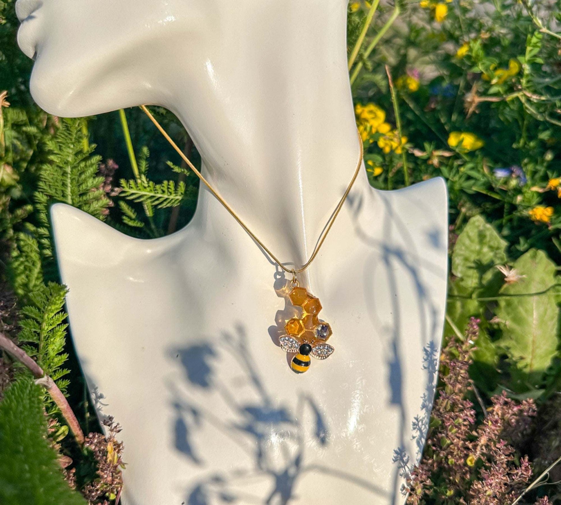 Bee -utiful Honeycomb Handmade Pendant with Real Flowers and Bee Charm