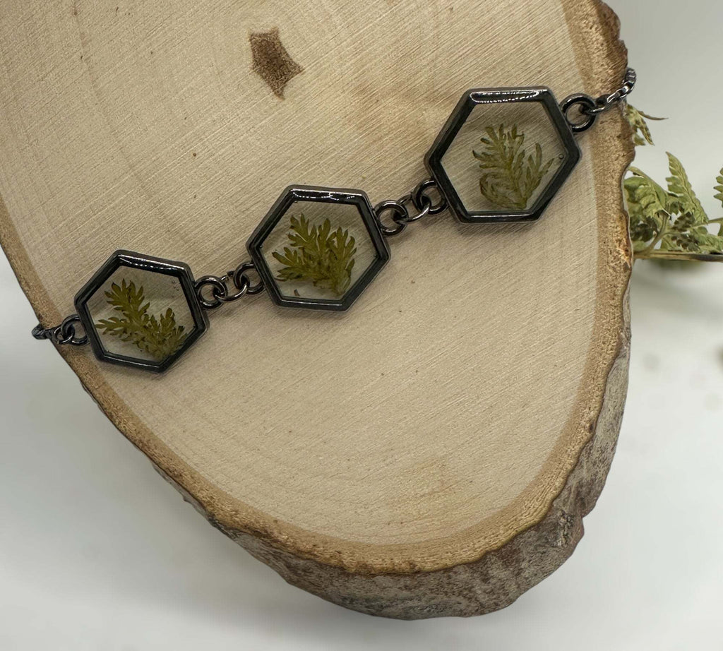 Black Forest: Black Hexagon Handmade Trio Bracelet with Dried Botanicals