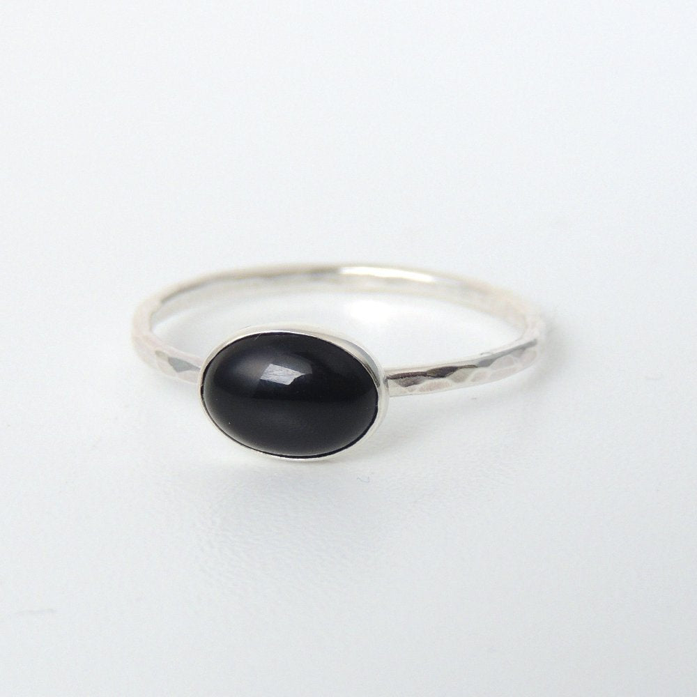 Oval Black Onyx Ring Sterling Silver Stacking Ring Jet Black Stone Ring