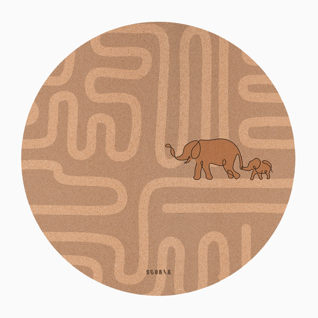 Elephant Walk Round Baby Mat | Kids Cork Yoga Mat  | Play & Stretch | 47" dia