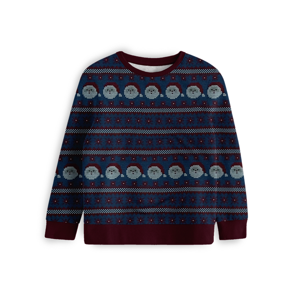 A handmade festive sweatshirt featuring a navy-and-burgundy Fair-Isle pattern with Santa details. Cosy, classic, and perfect for Christmas magic.