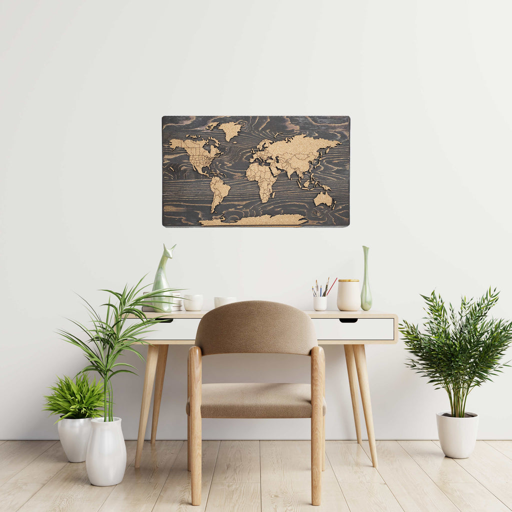 Carte du monde en liège et bois 3D à épingles | 24 x 14