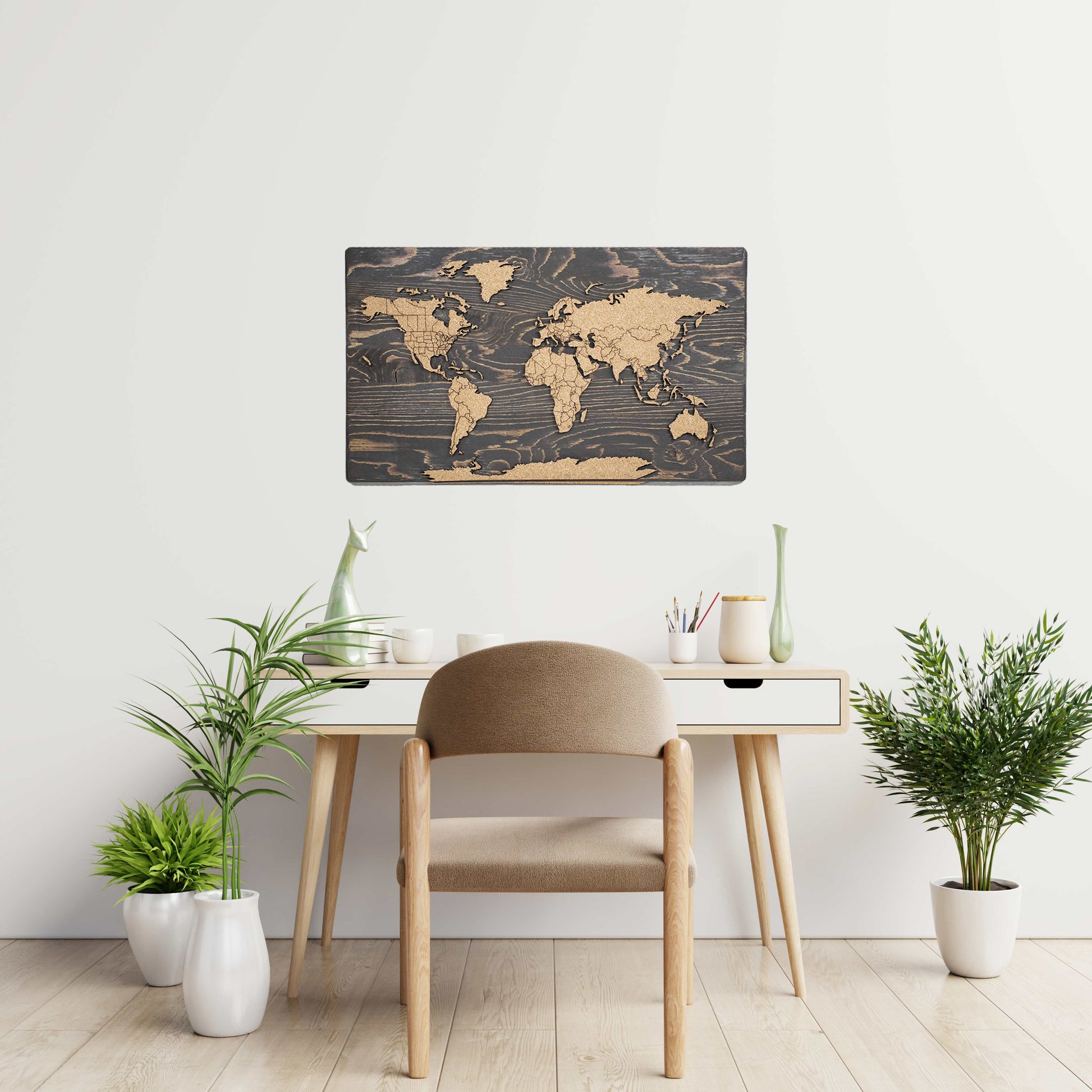 Carte du monde en liège et bois 3D à épingles | 24 x 14