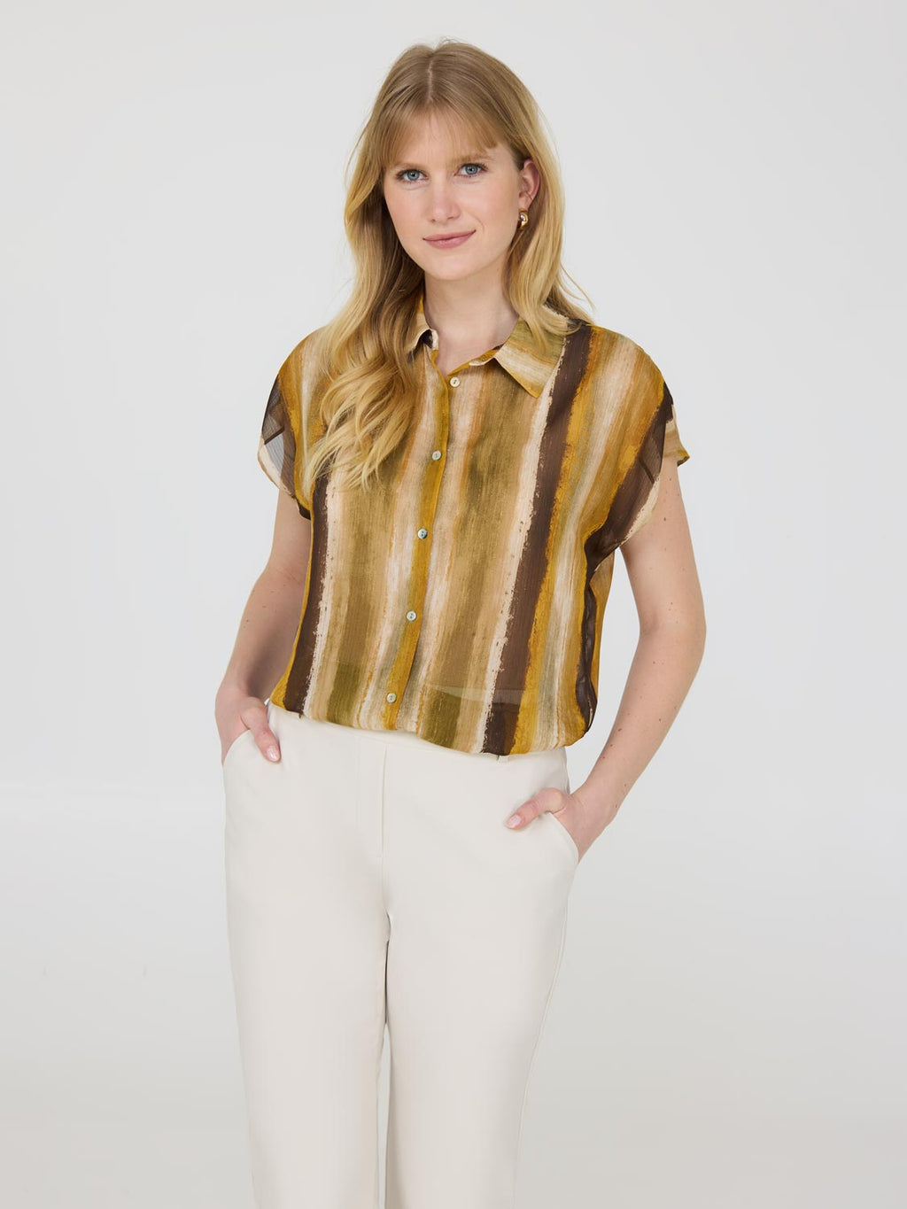 Printed Cap Sleeve Button-Up Blouse