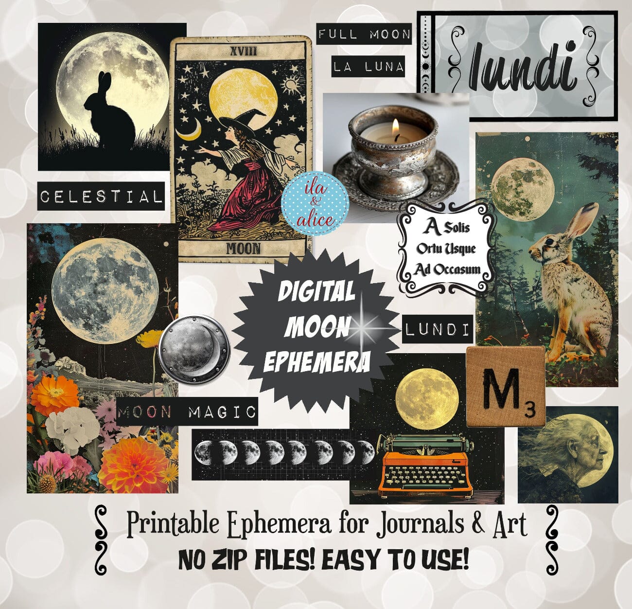 Digital Moon Art Junk Journal Ephemera