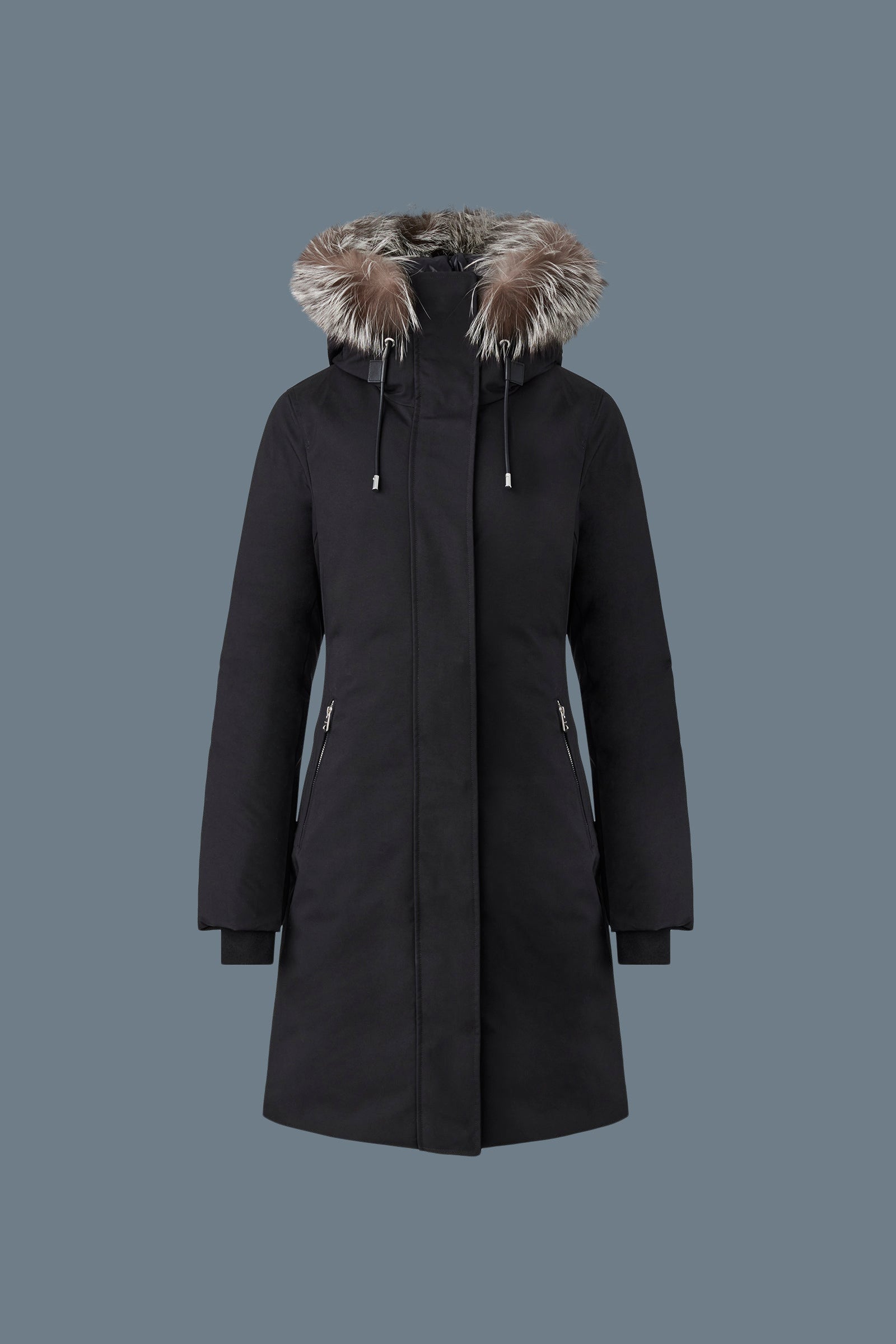 Manteau ajusté 2 en 1 SHILOH avec plastron amovible et fourrure de renard argenté