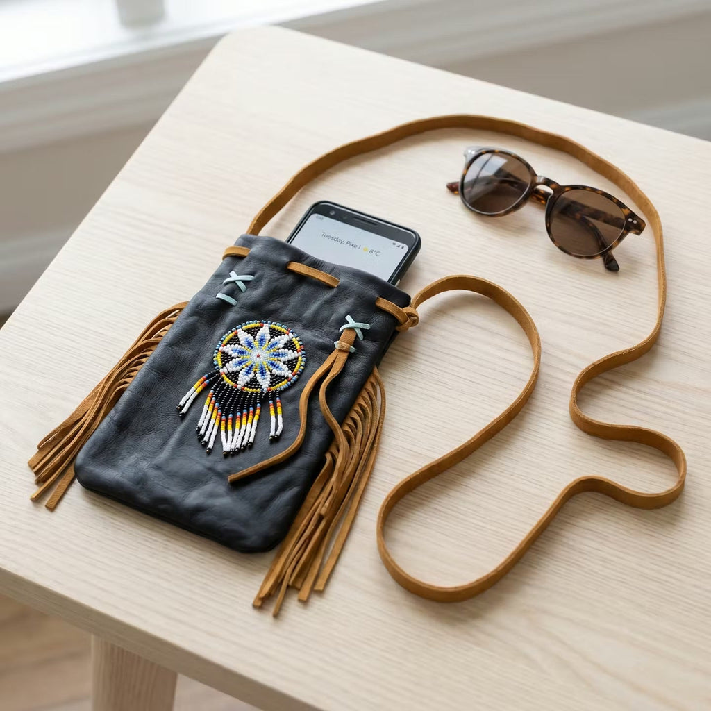 Beaded Suede Phone Pouch ~ Black