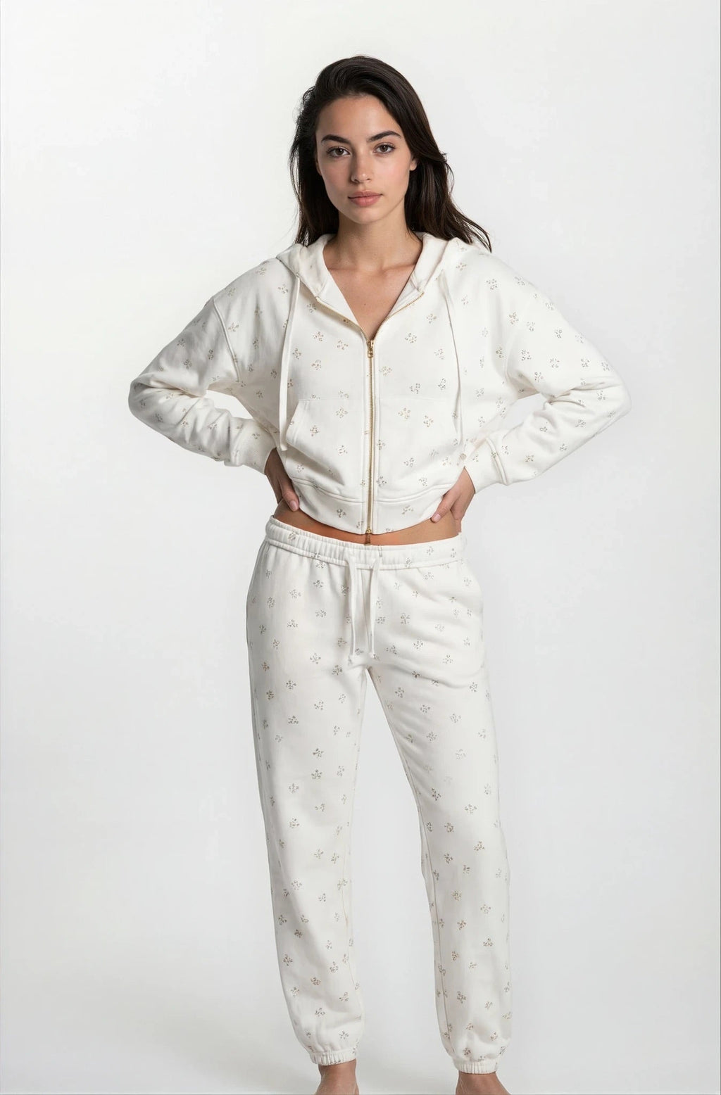 Camille – Cotton Signature Print Zip Hoodie & Jogger Leisure Set 2PC In Floral