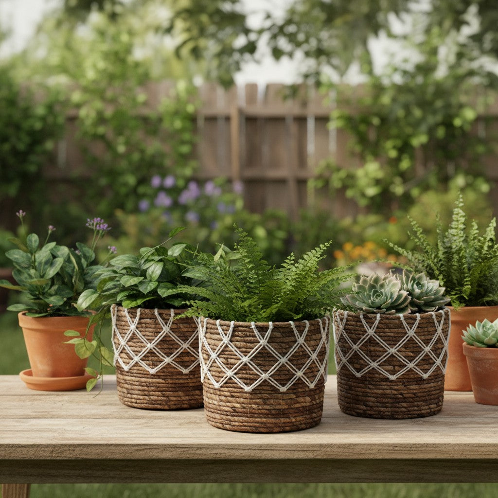 Banana Leaf & Macrame Diamond Planter Basket