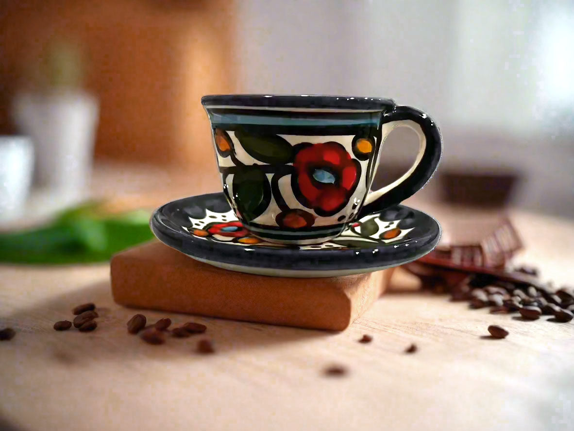 Handcrafted Palestinian Arabic Coffee Cup | Garden Rose Vine Ceramic Espresso Cup from Hebron