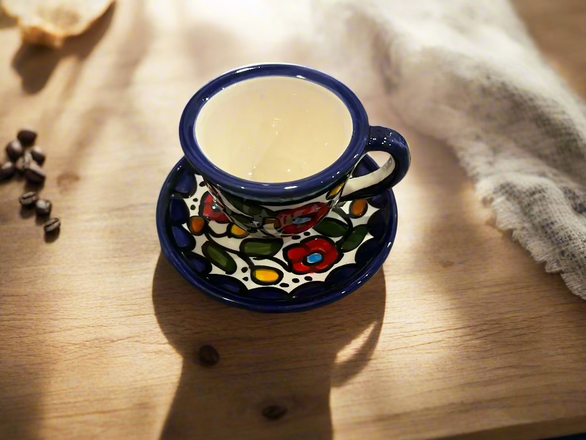 Handcrafted Palestinian Arabic Coffee Cup | Garden Rose Vine Ceramic Espresso Cup from Hebron