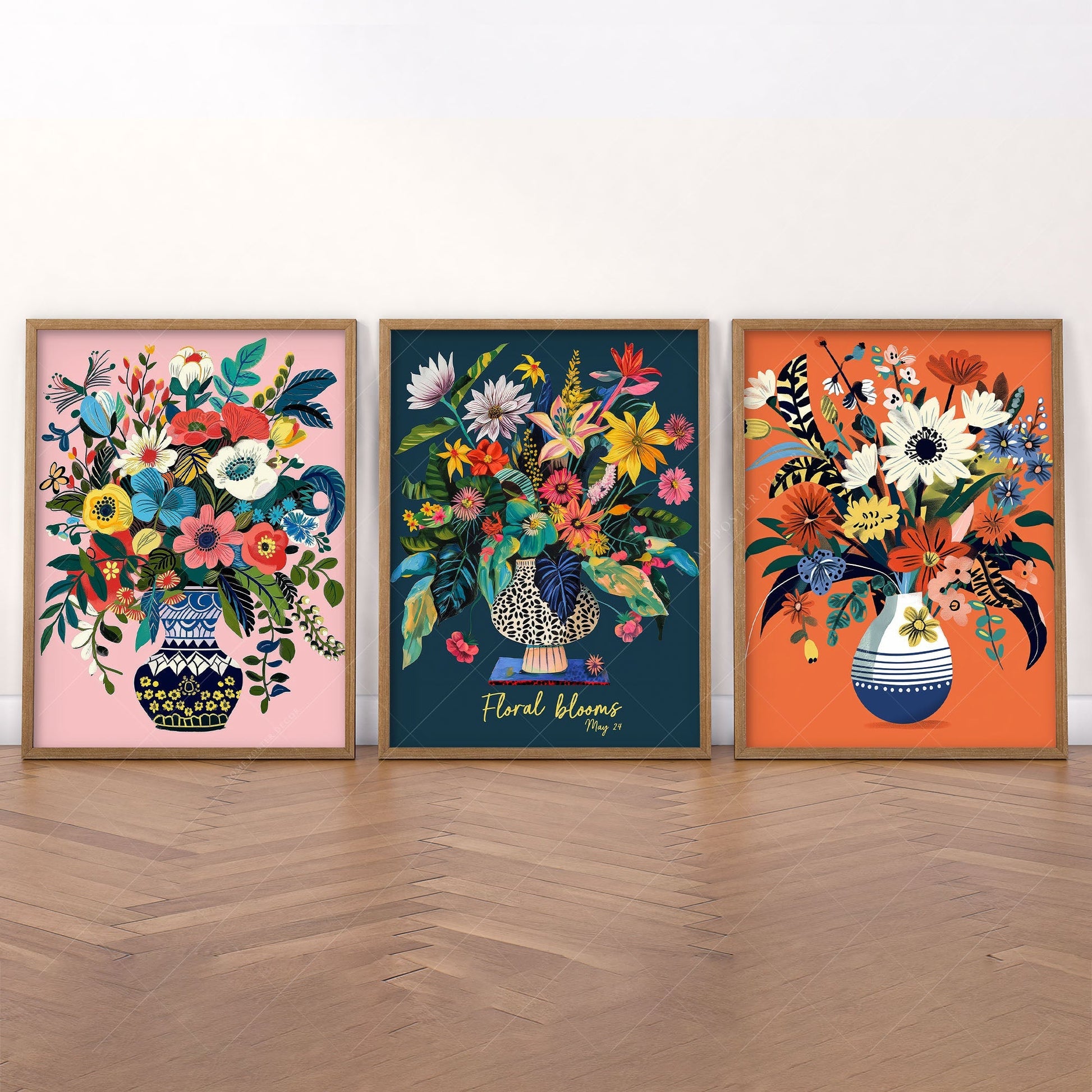 Floral Blooms Triptych Art Print Set – Vibrant Botanical Wall Decor