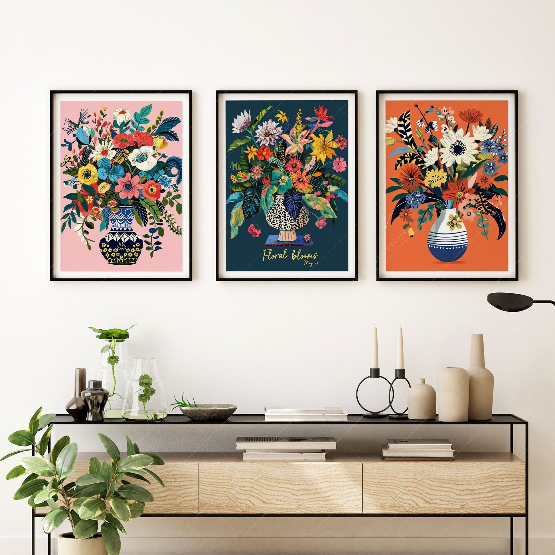 Floral Blooms Triptych Art Print Set – Vibrant Botanical Wall Decor