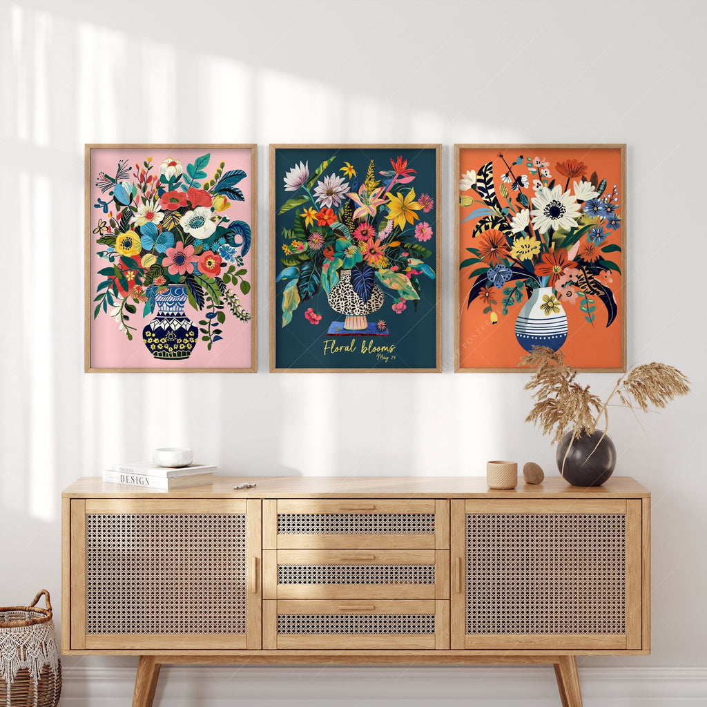 Floral Blooms Triptych Art Print Set – Vibrant Botanical Wall Decor