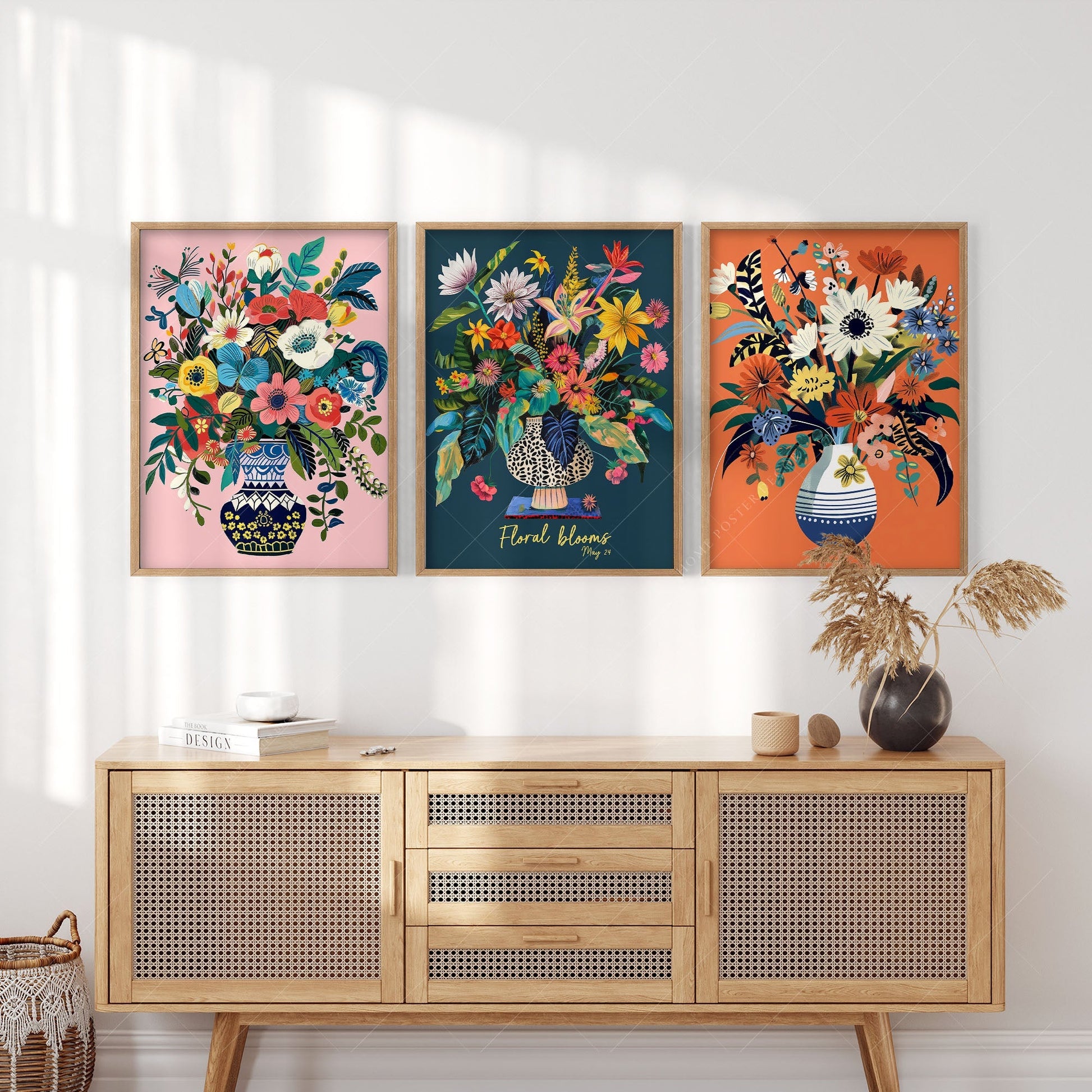 Floral Blooms Triptych Art Print Set – Vibrant Botanical Wall Decor