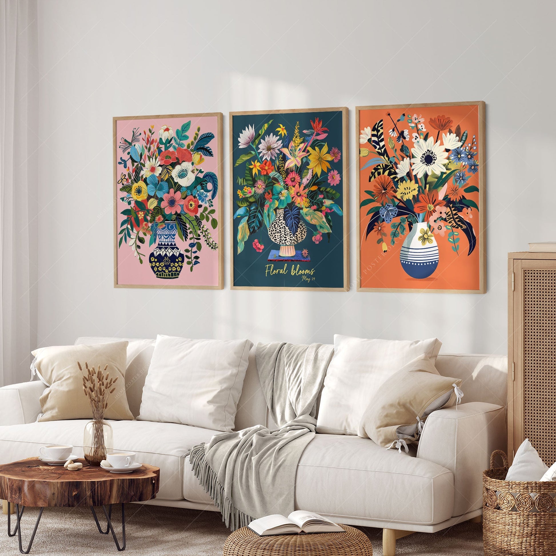Floral Blooms Triptych Art Print Set – Vibrant Botanical Wall Decor