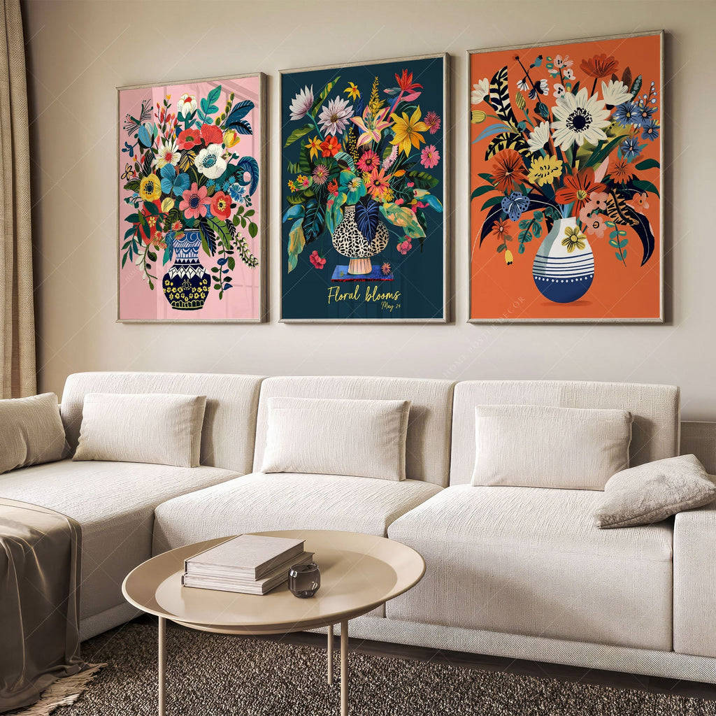 Floral Blooms Triptych Art Print Set – Vibrant Botanical Wall Decor