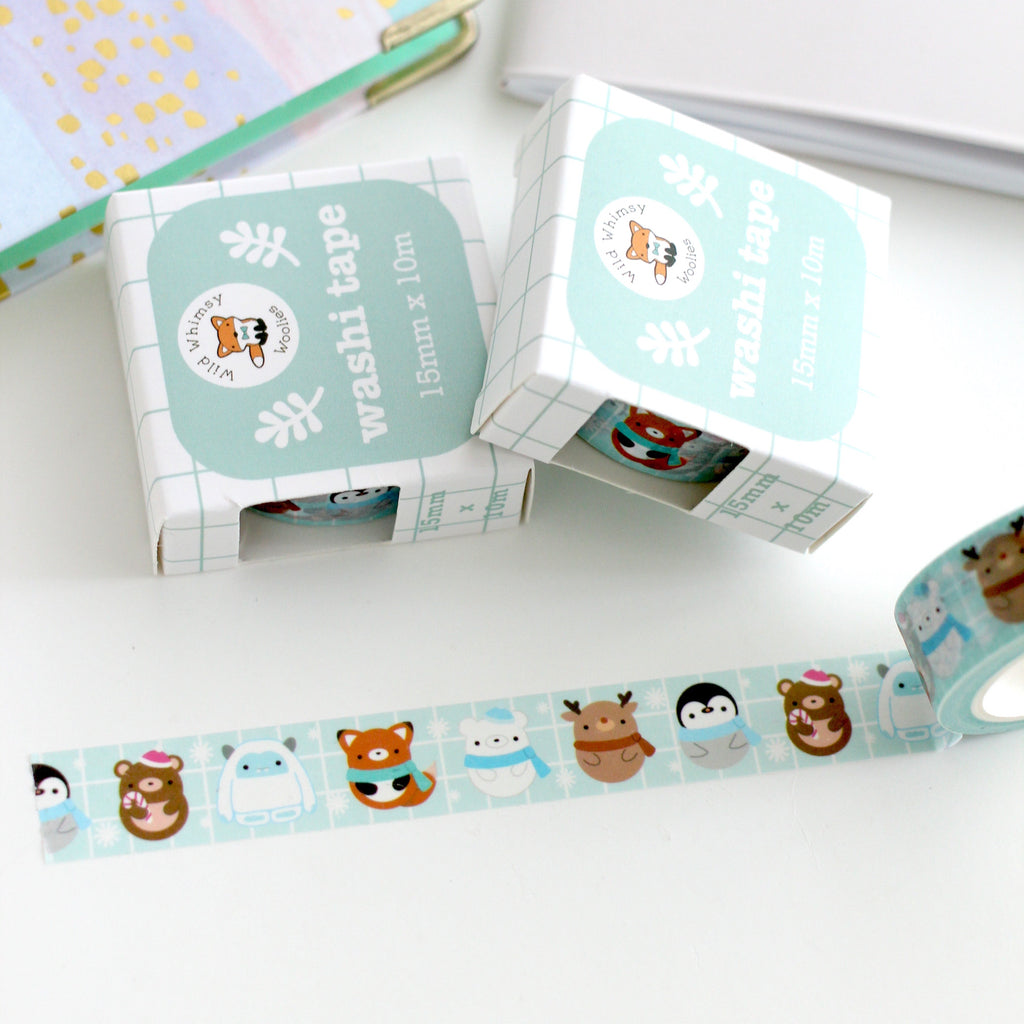 Ruban Washi de Noël. Yétis, renards, ours, rennes et pingouins