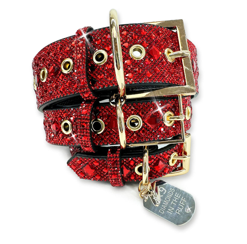 Collier de luxe pour chien imprimé rouge rubis – Ferrures dorées | Cuir vegan souple, tailles ajustables
