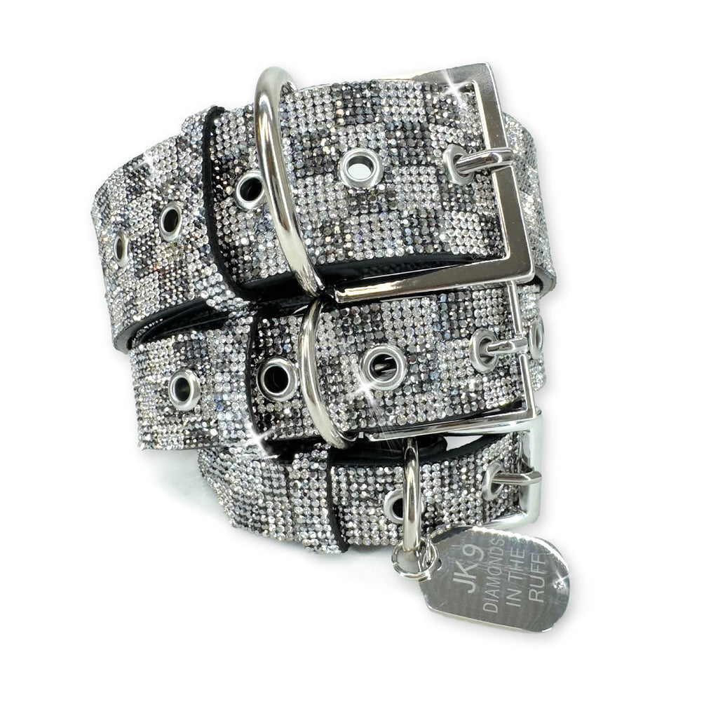 Collier de luxe pour chien à carreaux gris clair – Ferrures argentées | Cuir vegan souple, tailles ajustables