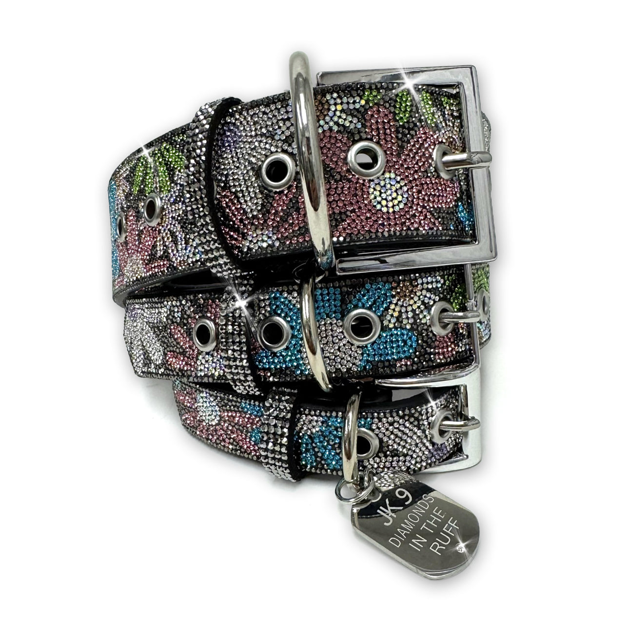 Luxury Hematite Floral Print Dog Collar – Silver Hardware | Soft Vegan Leather, Adjustable Sizes