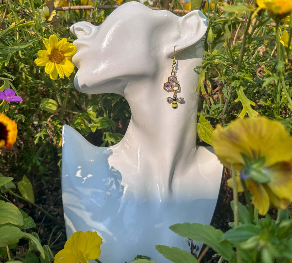 Bee -utiful Handmade Honeycomb Earrings with Rhinestone Bee Charm