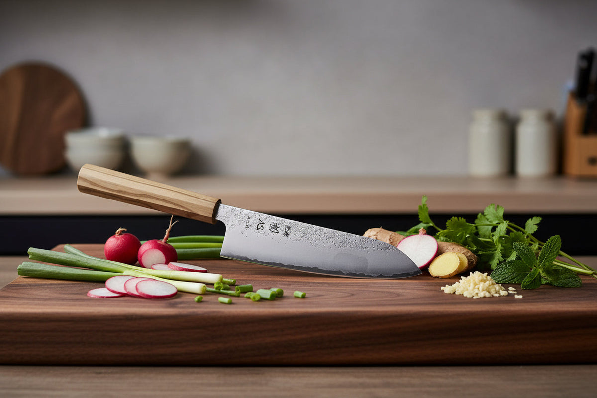Santoku Ginrie Silver 3 couches Nashiji 170 mm avec manche en bois d'olivier