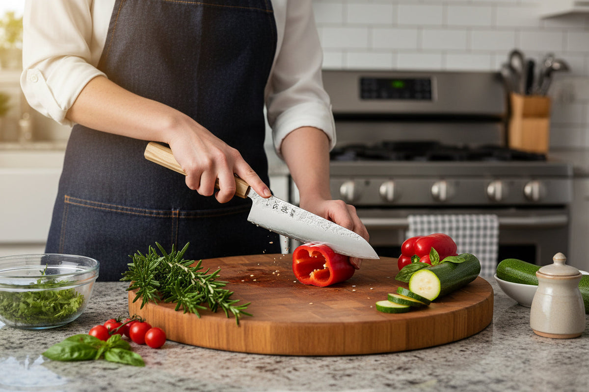 Santoku Ginrie Silver 3 couches Nashiji 170 mm avec manche en bois d'olivier
