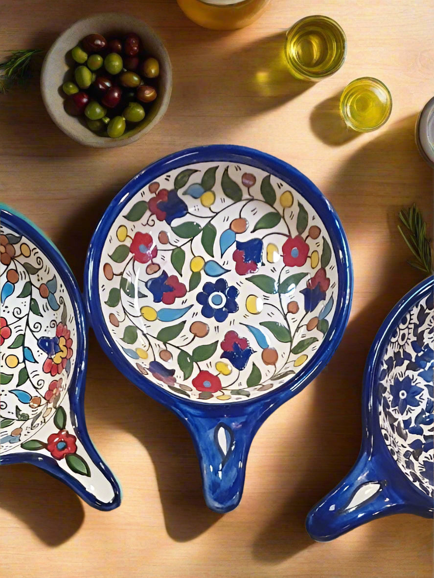 Handmade Ceramic Serving Pan 5 Inch Appetizer & Snack Dish Multiple Floral & Blue Rose Designs