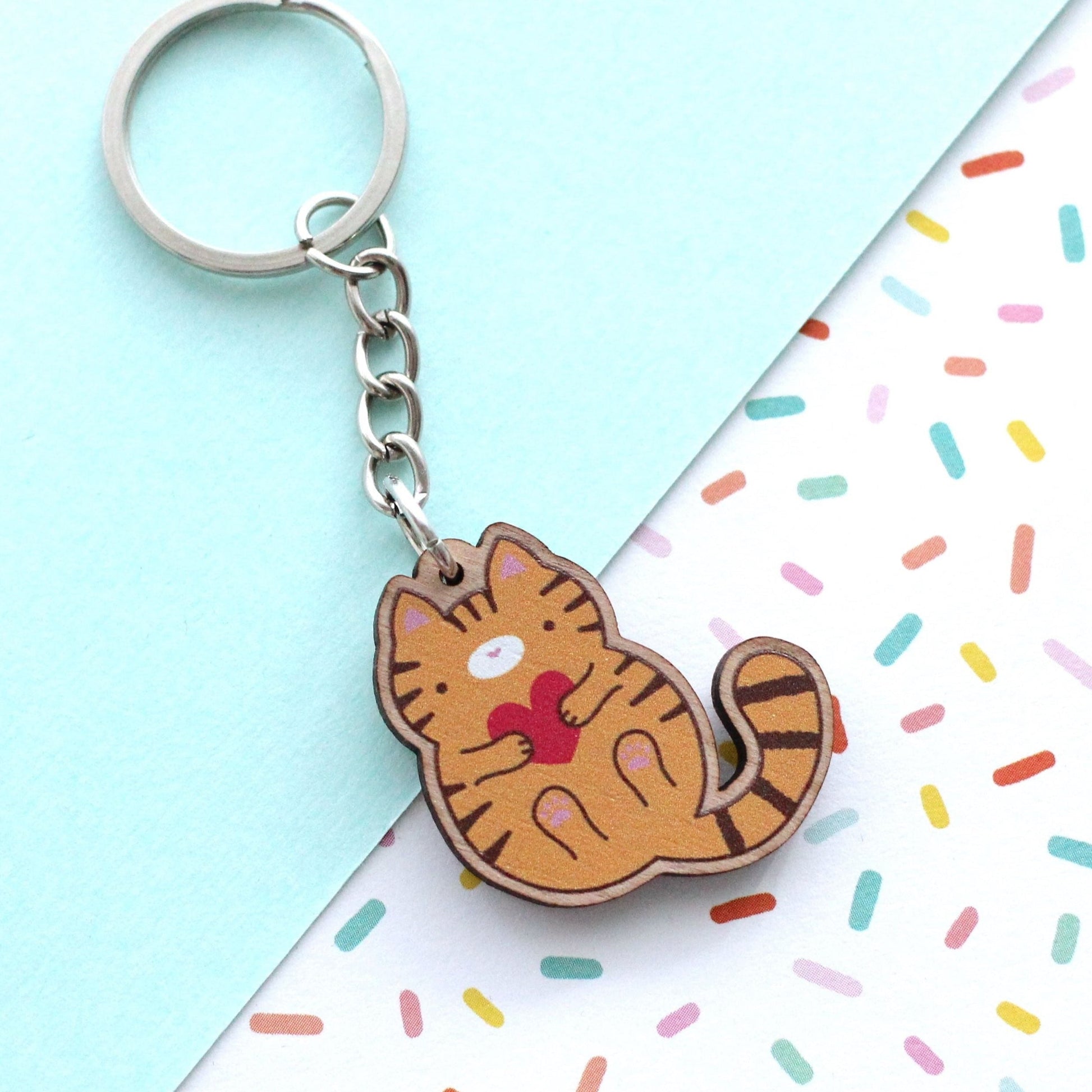 Porte-clés en bois chat tigré orange - Cadeau durable - Porte-clés mignon