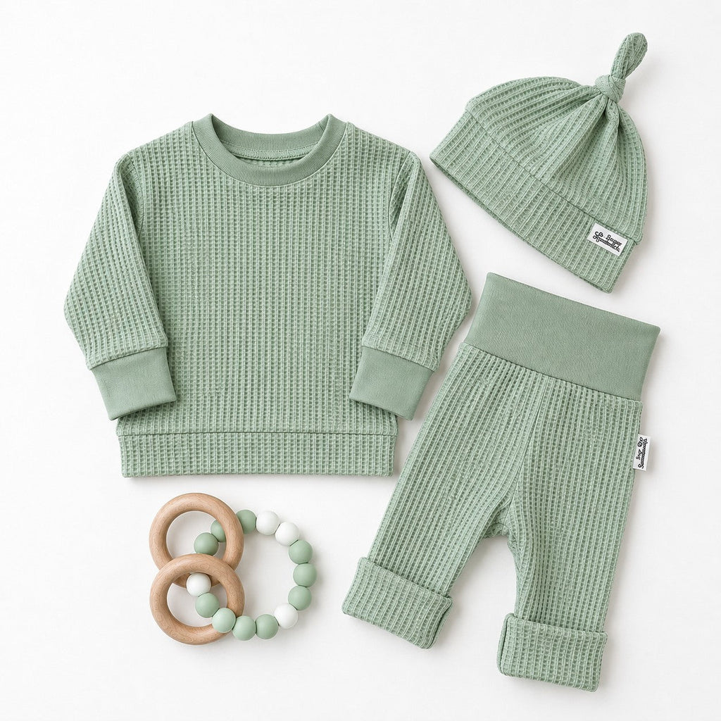 BABY BUNDLE Sage Green Waffle Knit Lounge Shirt and Pants with Top Knot Hat