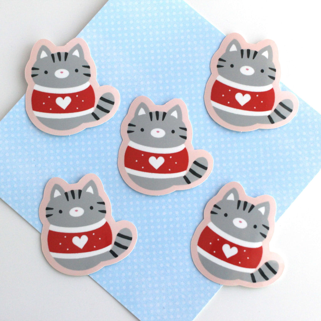 Christmas Sweater Cats Glossy Vinyl Stickers - Orange and Grey Tabby Cat Decals