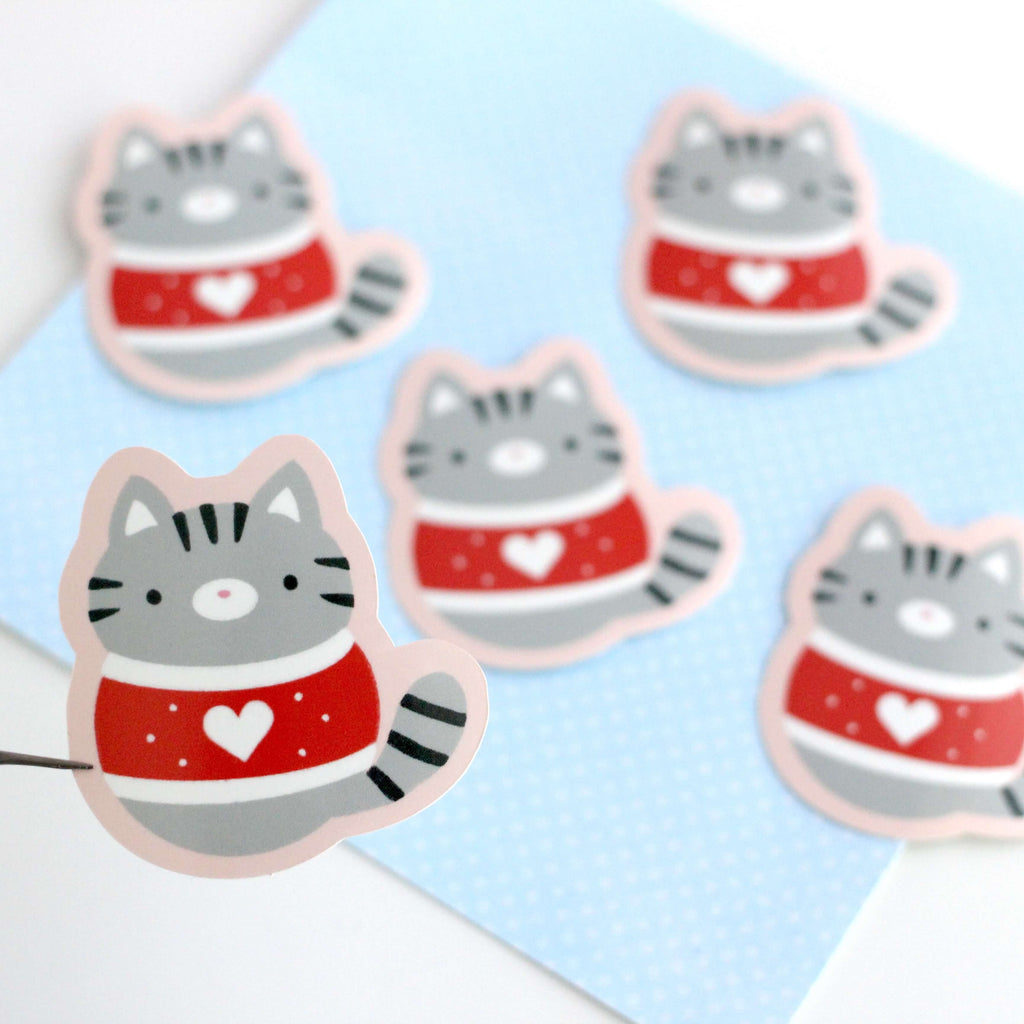 Christmas Sweater Cats Glossy Vinyl Stickers - Orange and Grey Tabby Cat Decals