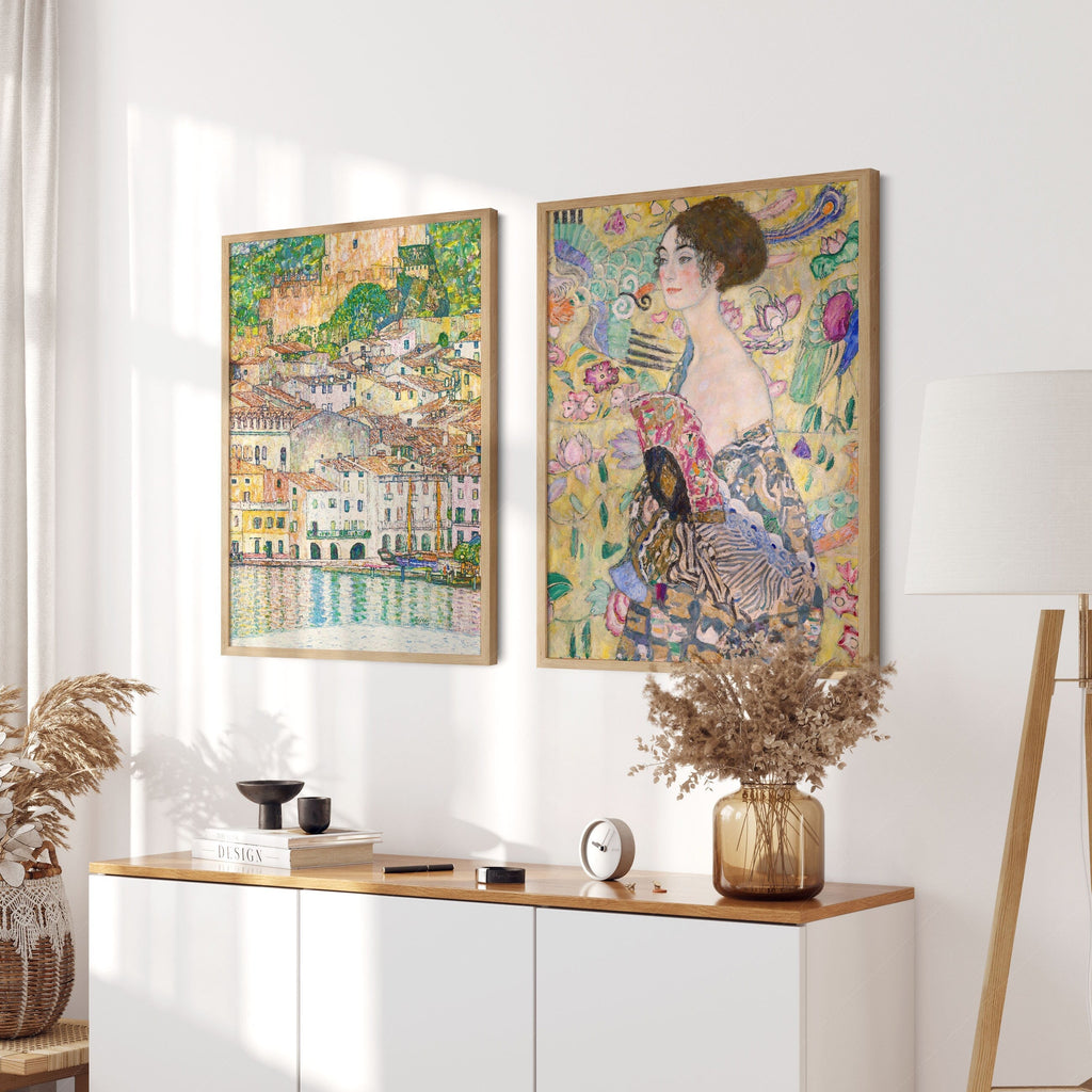 Gustav Klimt Set of 2 Art Prints – Lady with Fan & Malcesine Lake Garda