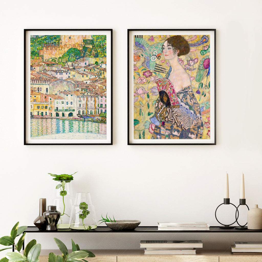 Gustav Klimt Set of 2 Art Prints – Lady with Fan & Malcesine Lake Garda